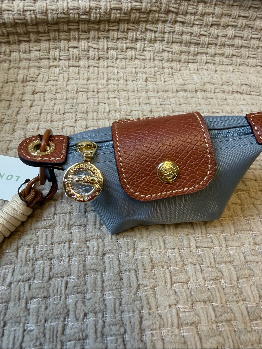 Longchamp Gray Mini Pouch with Brown Leather Trim and Wrist Strap - Picture 2 of 3